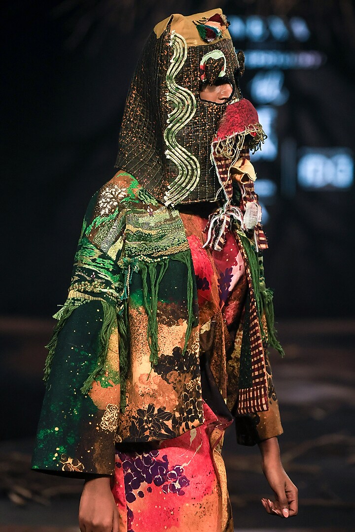 Green Cotton Handloom Hand Embroidered & Printed Overlay by TIL BY AV - at Pernia's Pop Up Shop