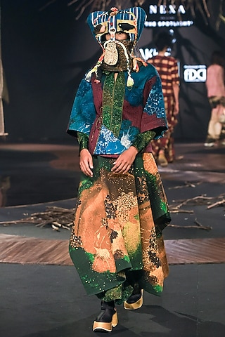 Green Cotton Modal Digital Printed Quilted Skirt by TIL BY AV -