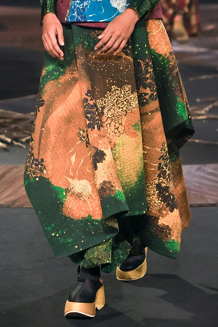 Green Cotton Modal Digital Printed Quilted Skirt by TIL BY AV - at Pernia's Pop Up Shop
