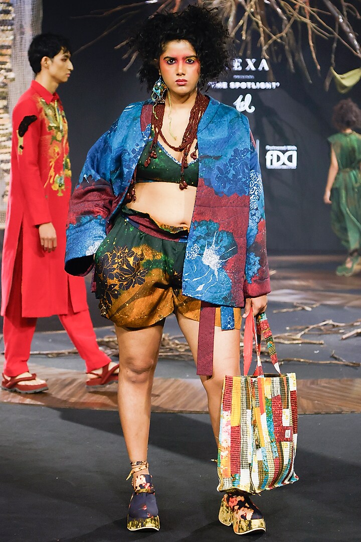 Blue Cotton Modal Digital Printed Quilted Jacket by TIL BY AV - at Pernia's Pop Up Shop