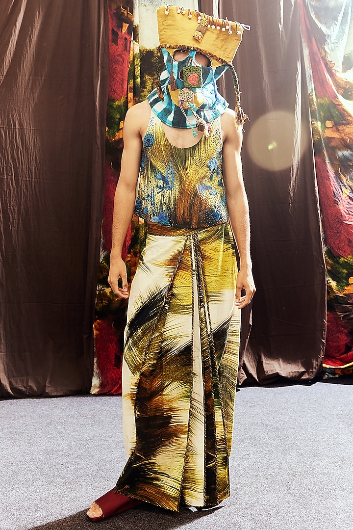 Green & Blue Handspun Cotton Digital Printed Vest by TIL BY AV - at Pernia's Pop Up Shop