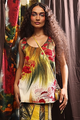 Red & Green Handspun Cotton Digital Printed Vest by TIL BY AV -
