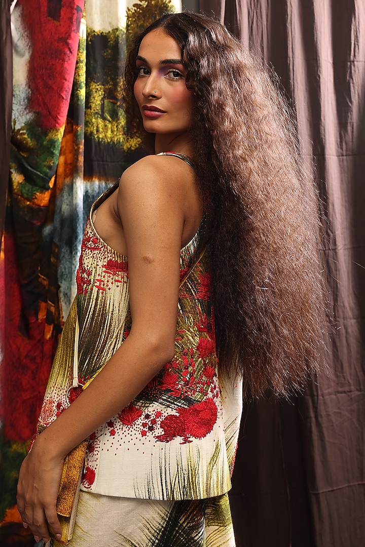 Red & Green Handspun Cotton Digital Printed Vest by TIL BY AV - at Pernia's Pop Up Shop