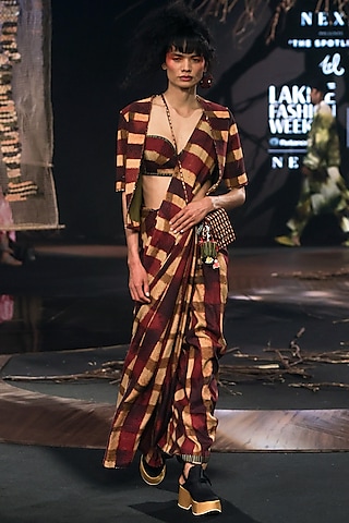 Maroon Cotton Silk Digital Printed Saree Set by TIL BY AV -