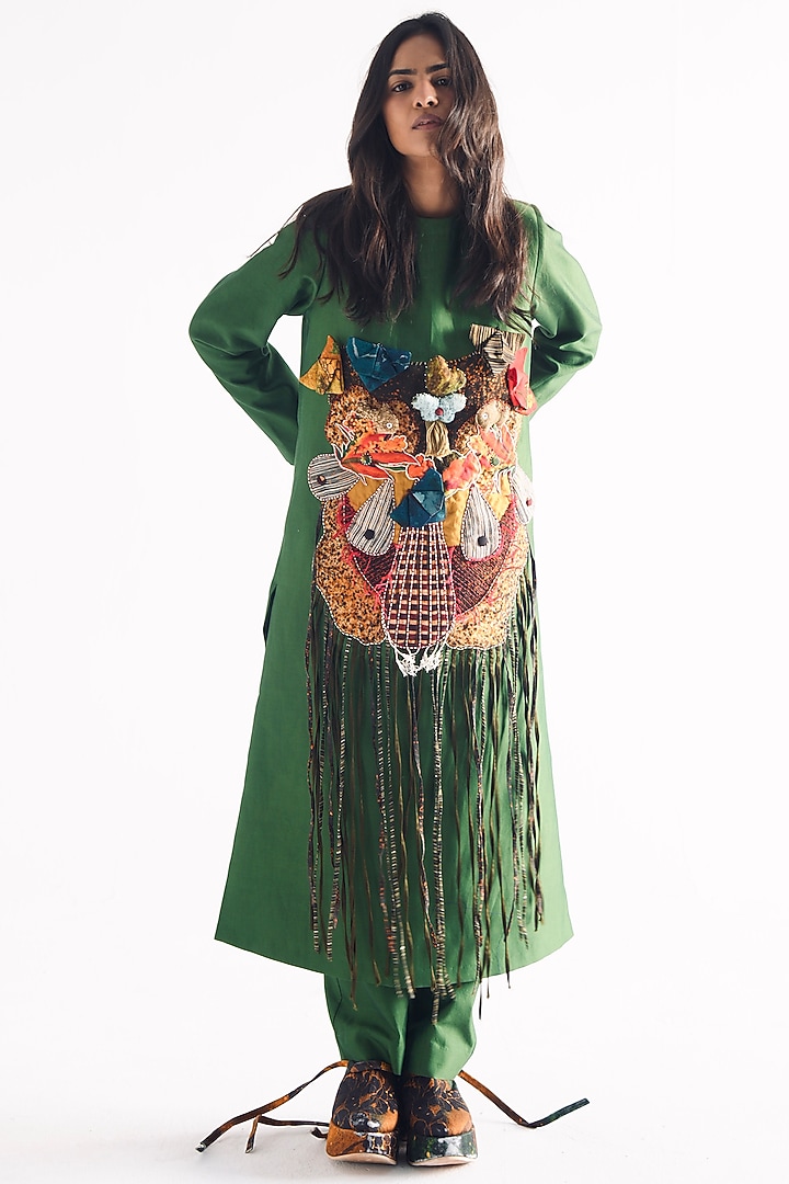 Emerald Green Chanderi Patchwork Kurta Set by TIL BY AV - at Pernia's Pop Up Shop
