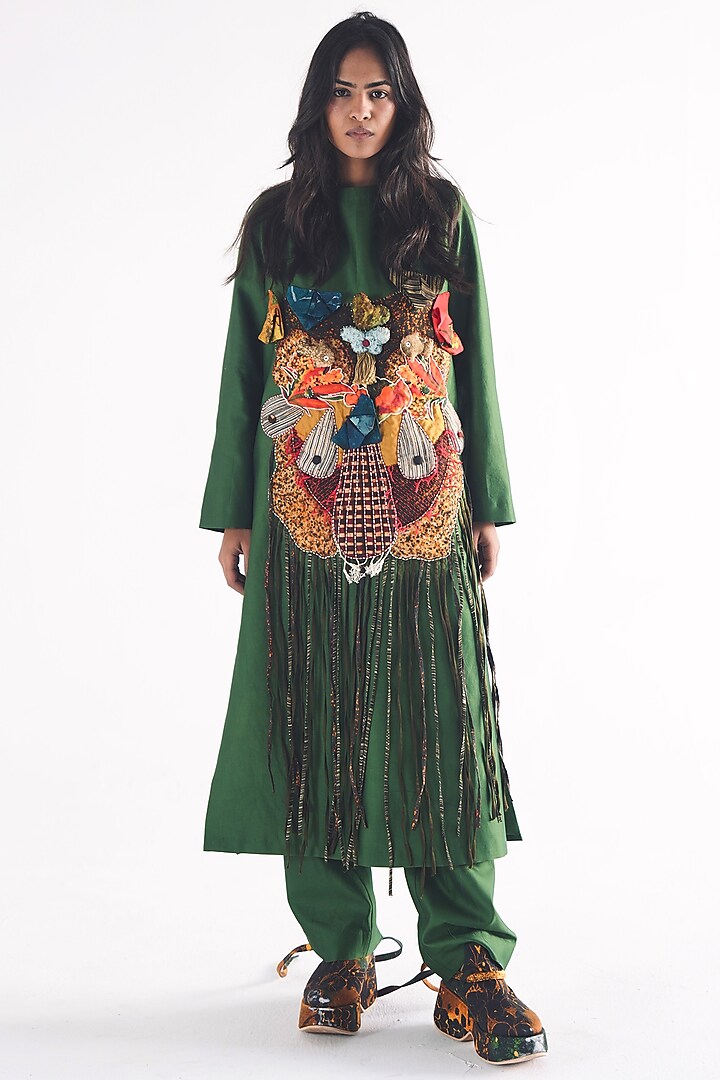 Emerald Green Chanderi Patchwork Kurta Set by TIL BY AV - at Pernia's Pop Up Shop