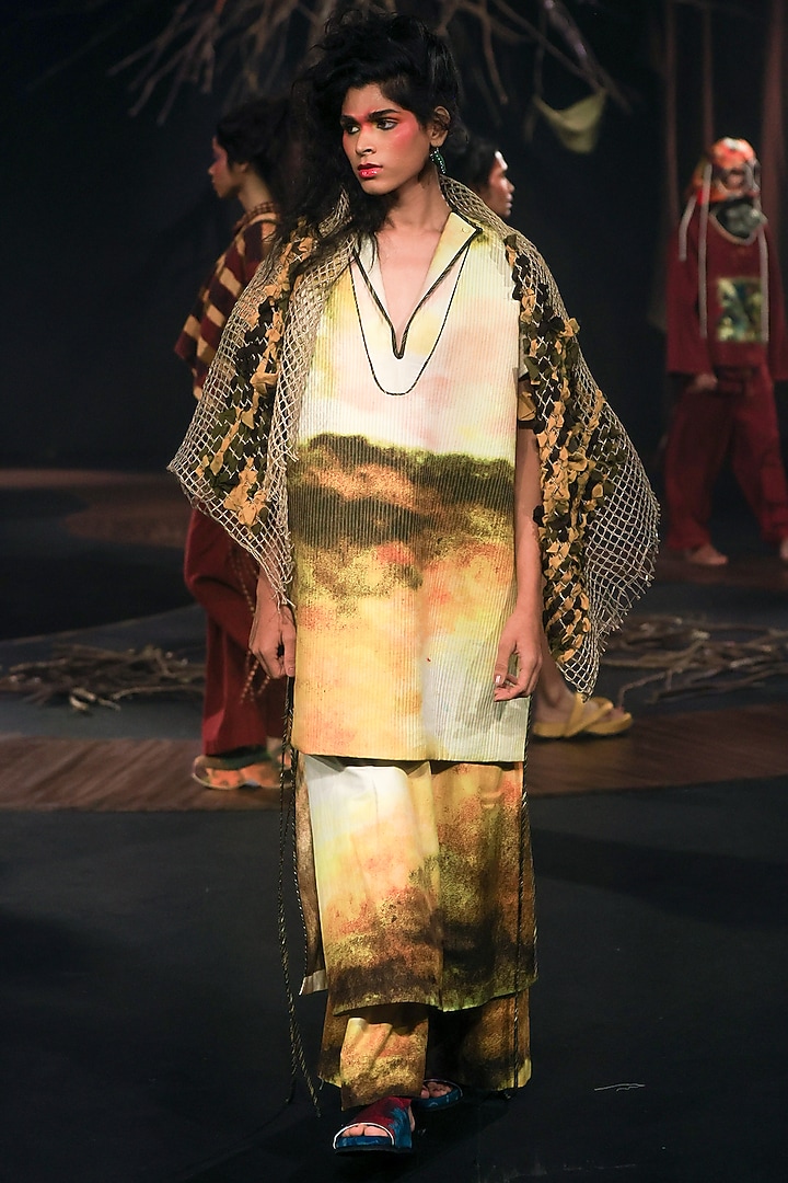 Mustard Handspun Cotton & Silk Digital Printed Kurta Set by TIL BY AV - at Pernia's Pop Up Shop