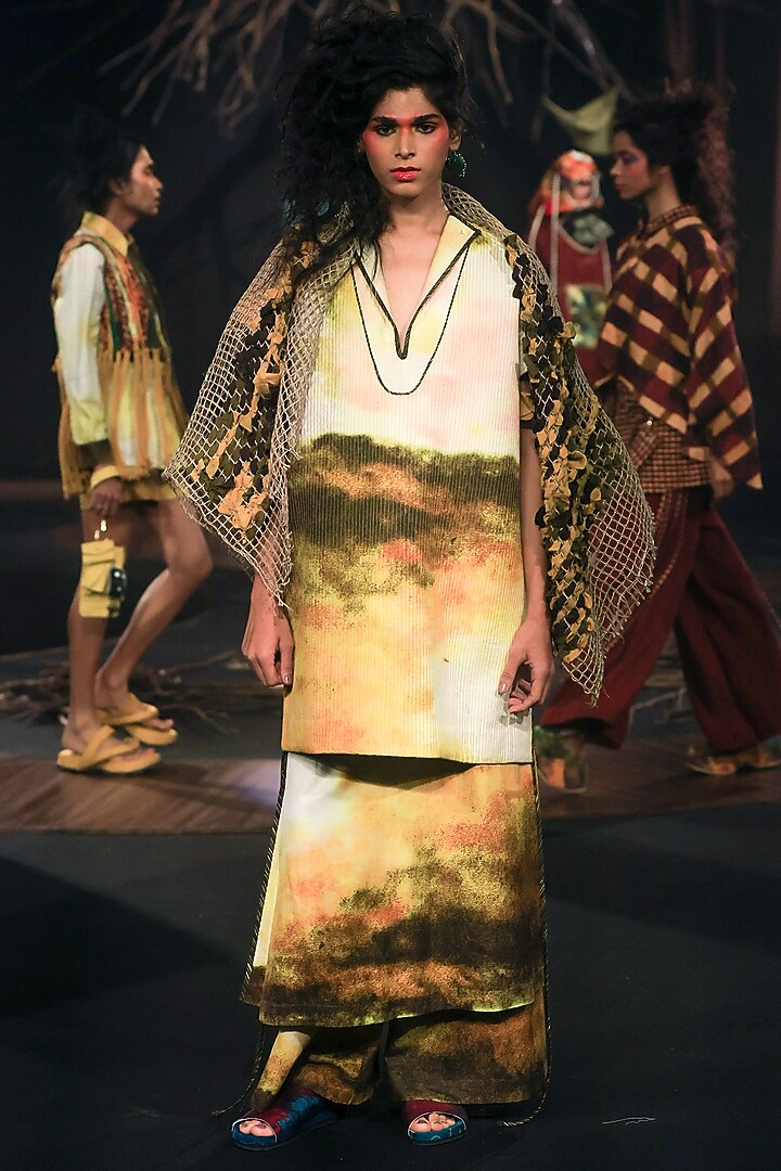 Mustard Handspun Cotton & Silk Digital Printed Kurta Set by TIL BY AV - at Pernia's Pop Up Shop