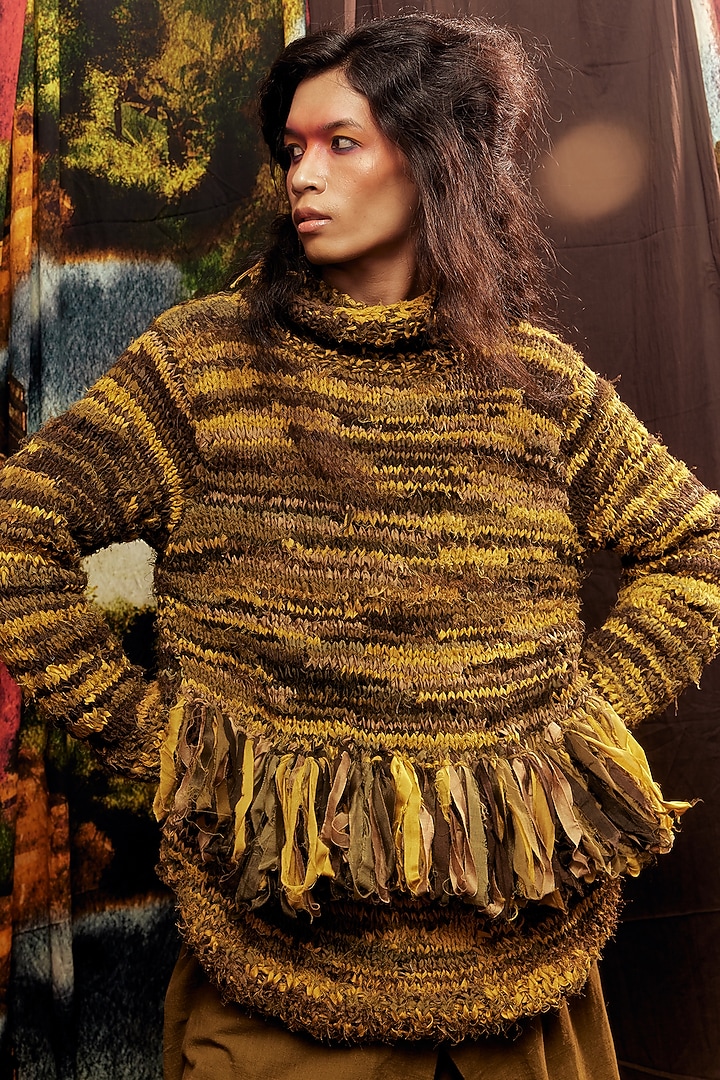 Mustard & Olive Green Upcycled Handspun Cotton Pull Over Overlay by TIL BY AV - at Pernia's Pop Up Shop