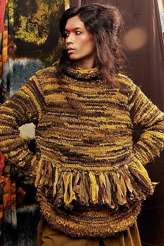 Mustard & Olive Green Upcycled Handspun Cotton Pull Over Overlay by TIL BY AV -