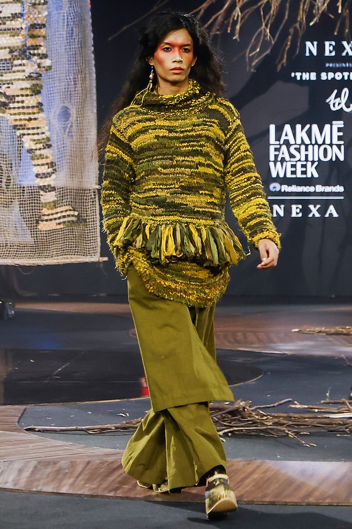 Mustard & Olive Green Upcycled Handspun Cotton Pull Over Overlay by TIL BY AV - at Pernia's Pop Up Shop