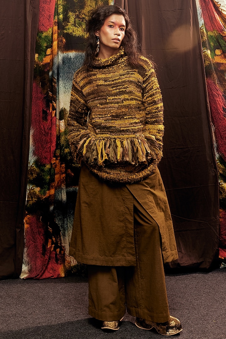 Mustard & Olive Green Upcycled Handspun Cotton Pull Over Overlay by TIL BY AV - at Pernia's Pop Up Shop