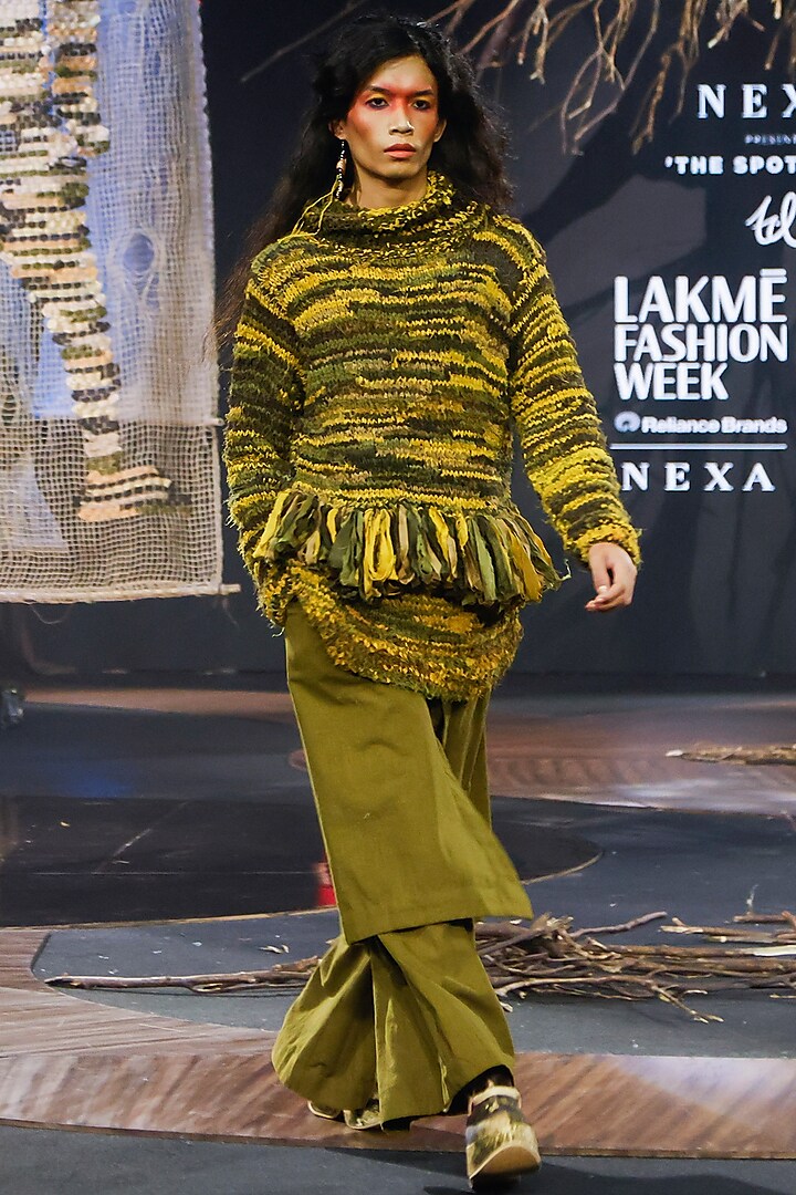 Olive Green Handspun Cotton Wide-Legged Trousers by TIL BY AV - at Pernia's Pop Up Shop