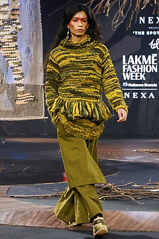 Olive Green Handspun Cotton Wide-Legged Trousers by TIL BY AV -