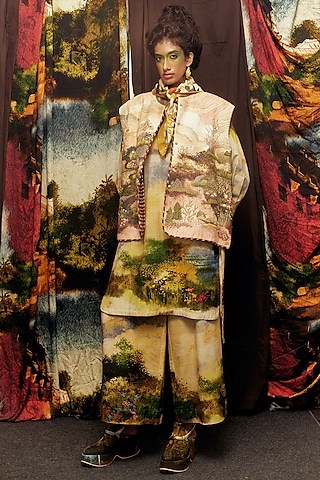 Multi-Colored Handspun Cotton Digital Printed Kurta Set by TIL BY AV -