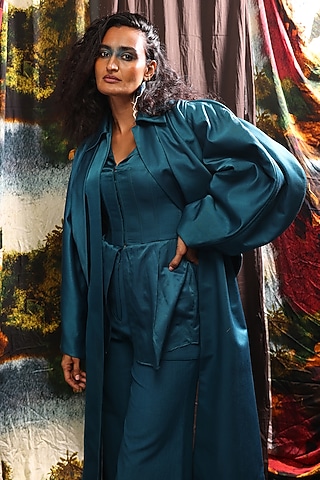 Teal Blue Cotton Silk Hand Dyed Trench Jacket by TIL BY AV -