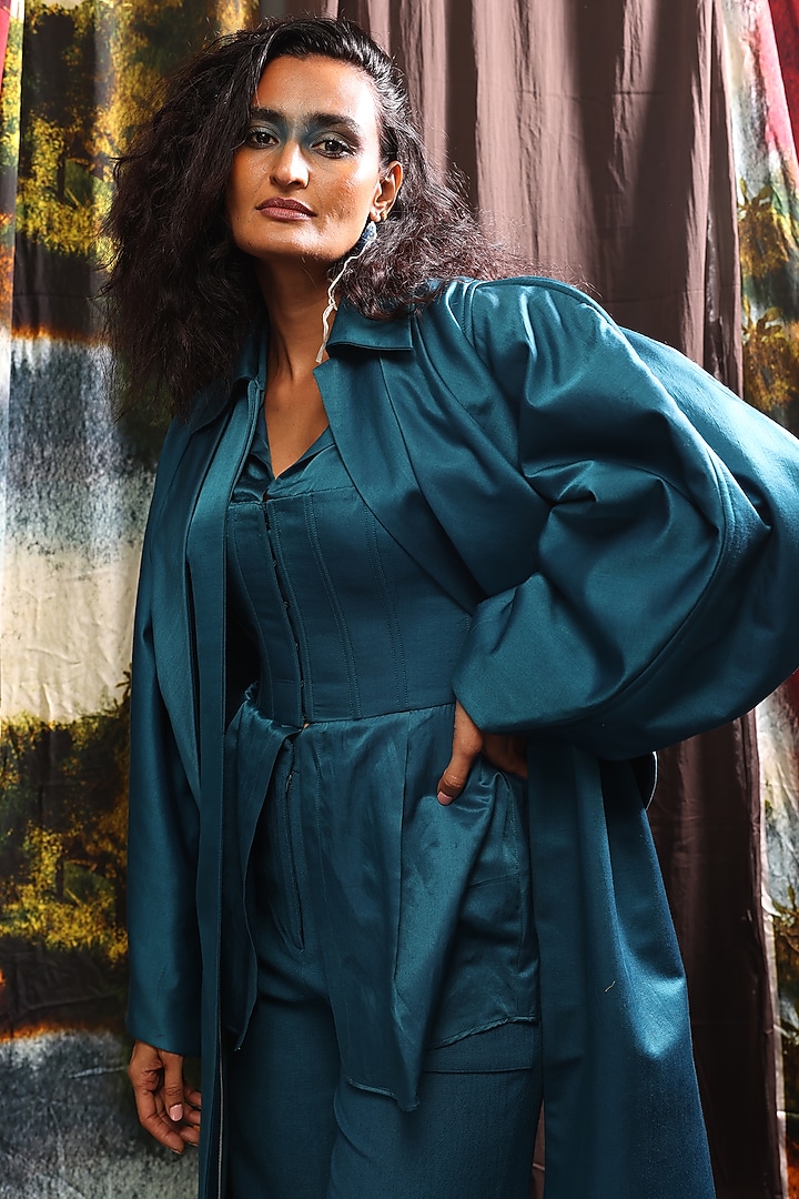 Teal Blue Cotton Silk Hand Dyed Co-Ord Set by TIL BY AV - at Pernia's Pop Up Shop