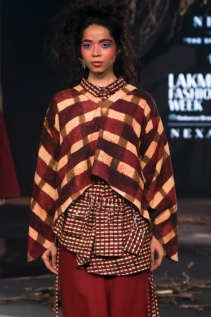 Maroon Handspun Cotton Digital Printed Oversized Cape Top by TIL BY AV - at Pernia's Pop Up Shop