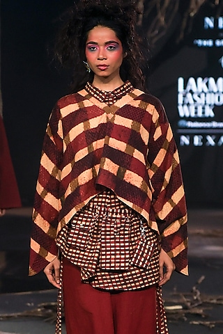 Maroon Handspun Cotton Digital Printed Oversized Cape Top by TIL BY AV -