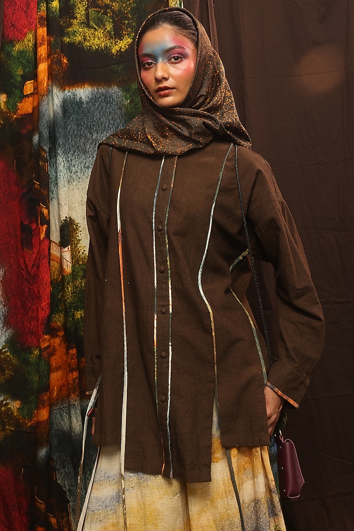 Brown Handspun Cotton Digital Printed Shirt by TIL BY AV - at Pernia's Pop Up Shop