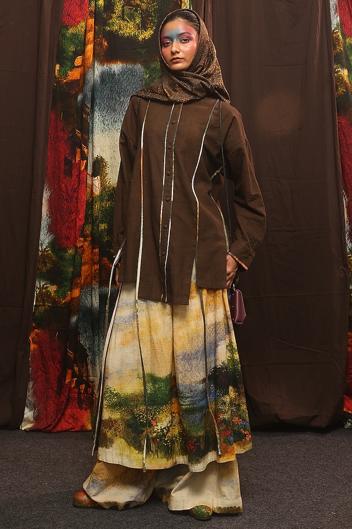 Brown Handspun Cotton Digital Printed Shirt by TIL BY AV - at Pernia's Pop Up Shop