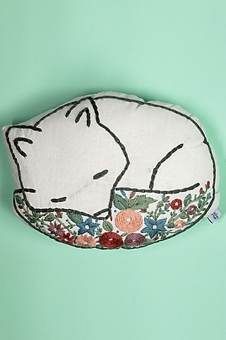 Multi-Colored Cotton Floral Embroidered Fox-Shaped Cushion by The Blooming Bagh