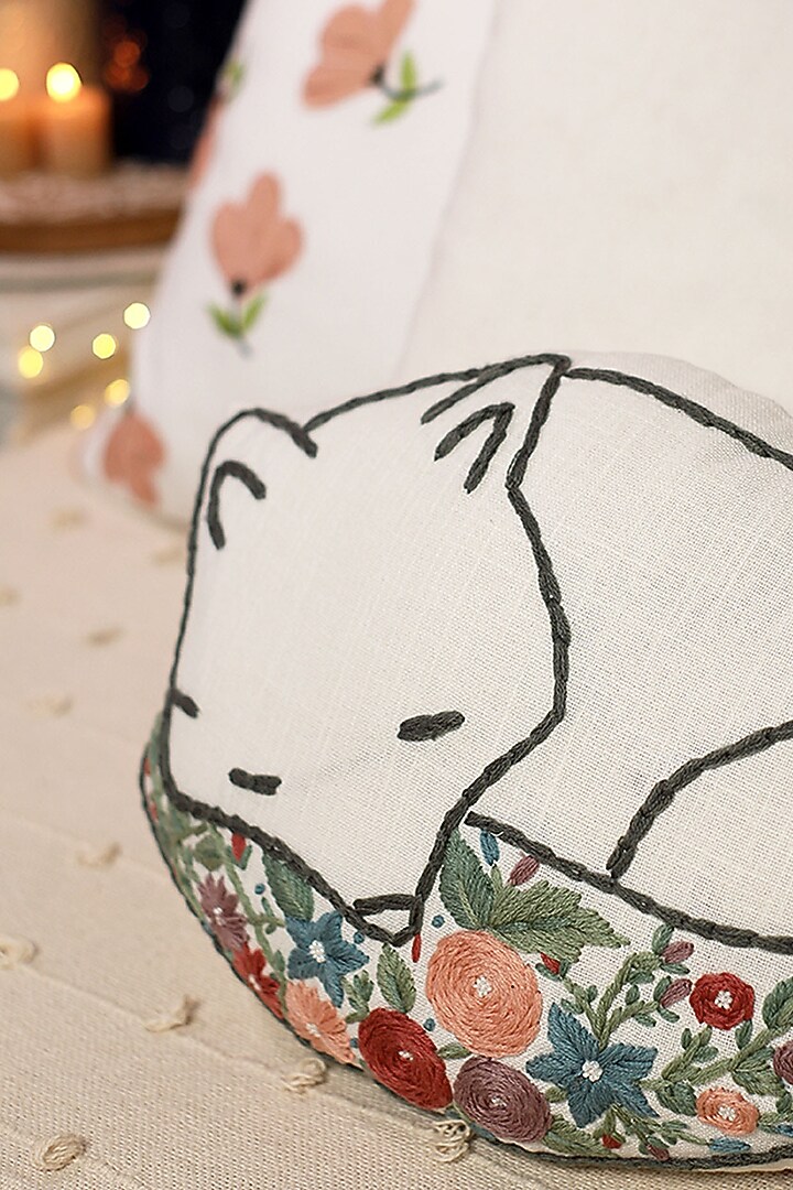 Multi-Colored Cotton Floral Embroidered Fox-Shaped Cushion by The Blooming Bagh at Pernia's Pop Up Shop