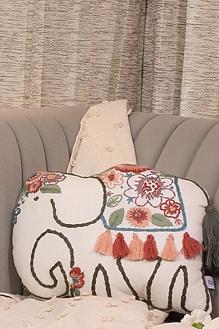 Multi-Colored Cotton Floral Embroidered Elephant-Shaped Cushion by The Blooming Bagh