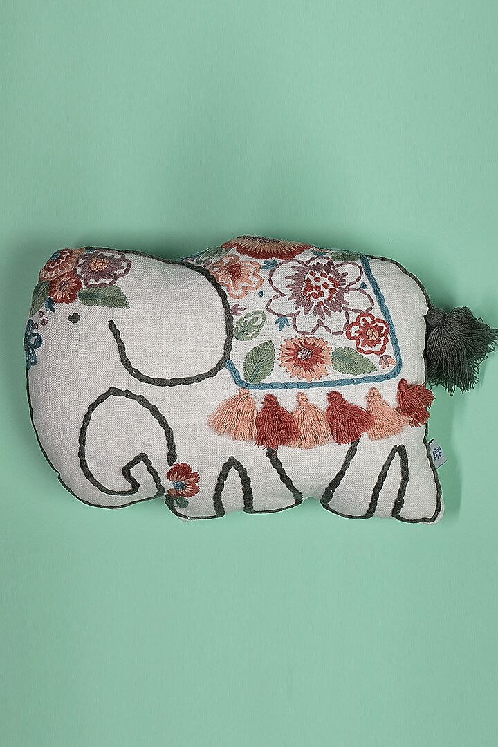 Multi-Colored Cotton Floral Embroidered Elephant-Shaped Cushion by The Blooming Bagh at Pernia's Pop Up Shop