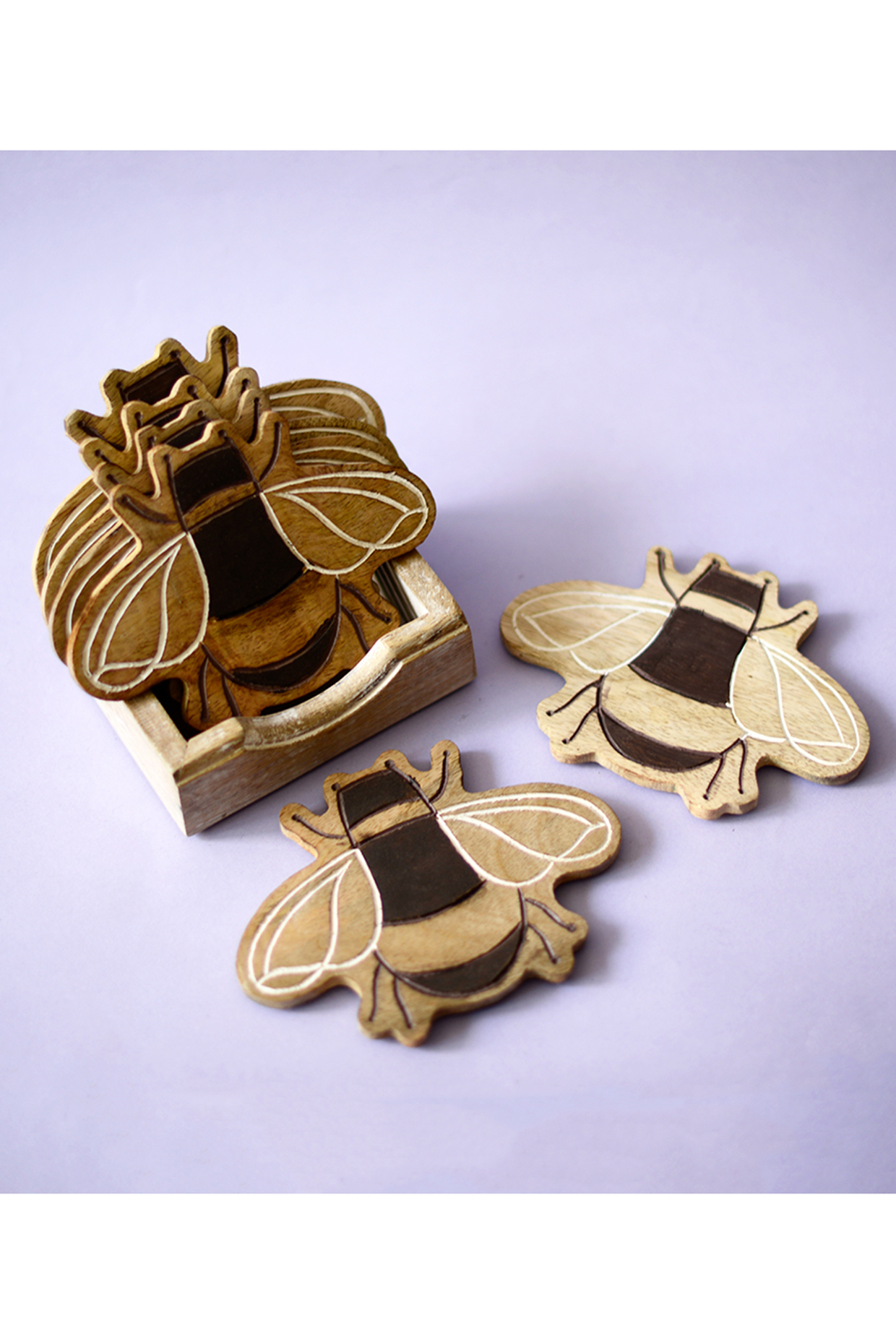 Brown Mango Wood Bee Coasters (Set of 5) by The Blooming Bagh at Pernia's Pop Up Shop