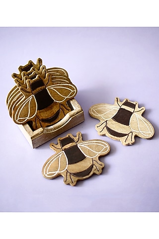 Brown Mango Wood Bee Coasters (Set of 5) by The Blooming Bagh