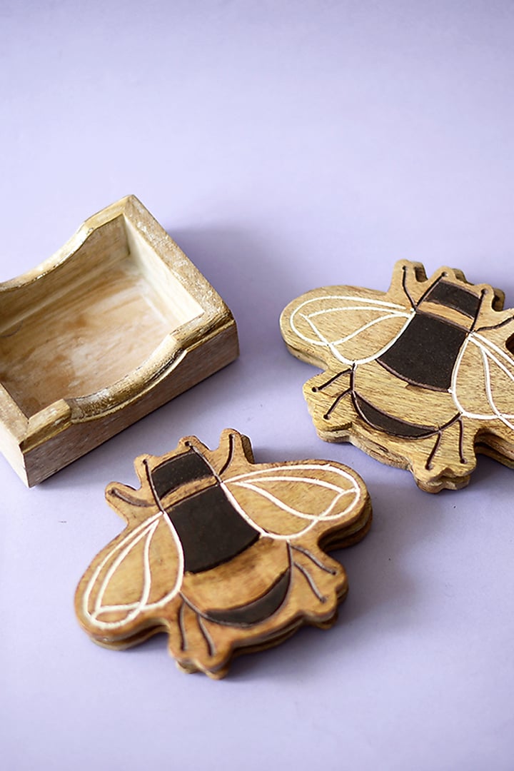 Brown Mango Wood Bee Coasters (Set of 5) by The Blooming Bagh at Pernia's Pop Up Shop