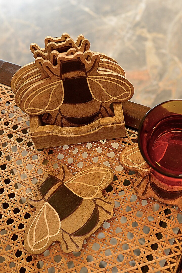 Brown Mango Wood Bee Coasters (Set of 5) by The Blooming Bagh at Pernia's Pop Up Shop