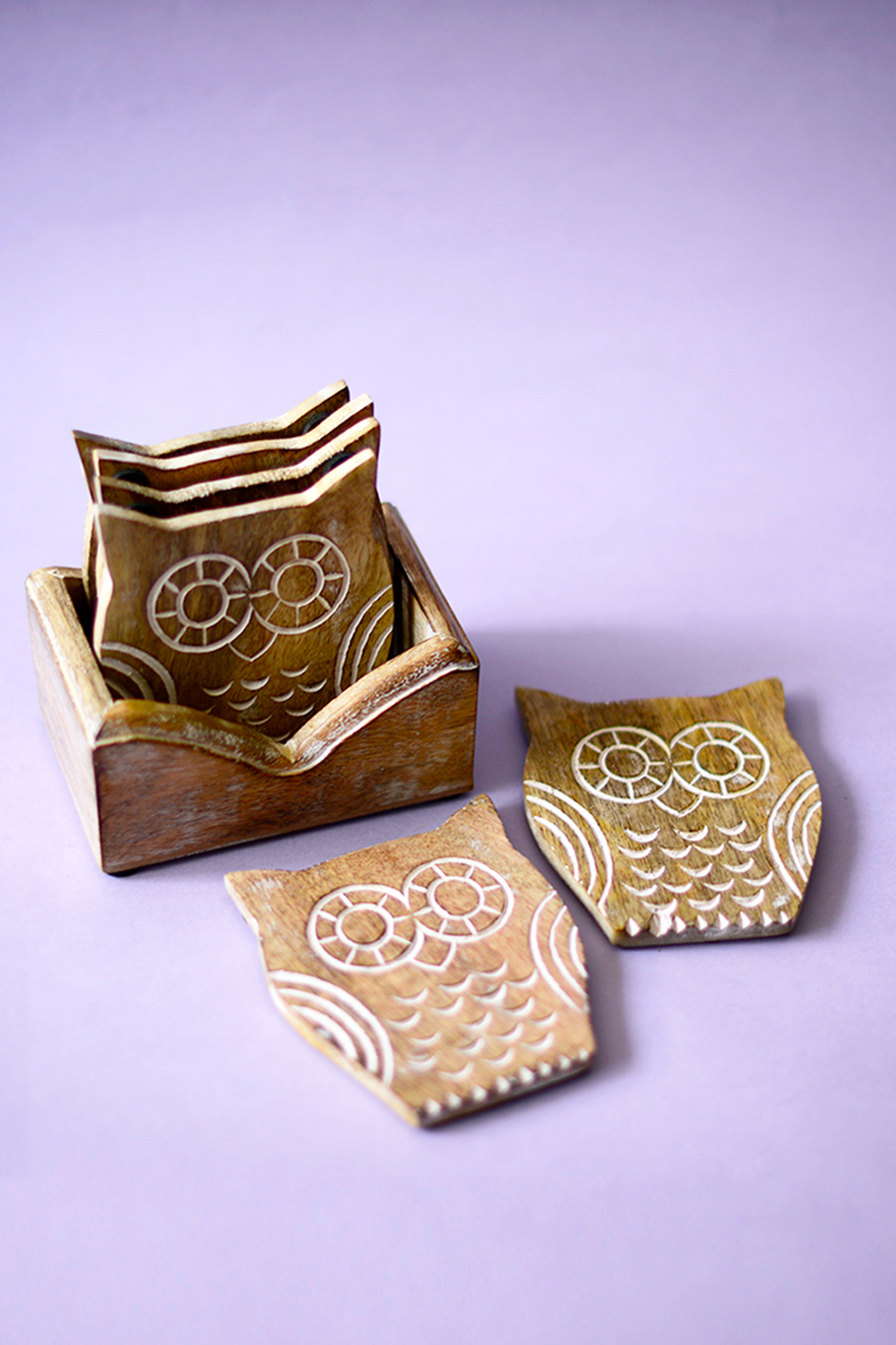 Brown Mango Wood Owl Coasters (Set of 7) by The Blooming Bagh at Pernia's Pop Up Shop