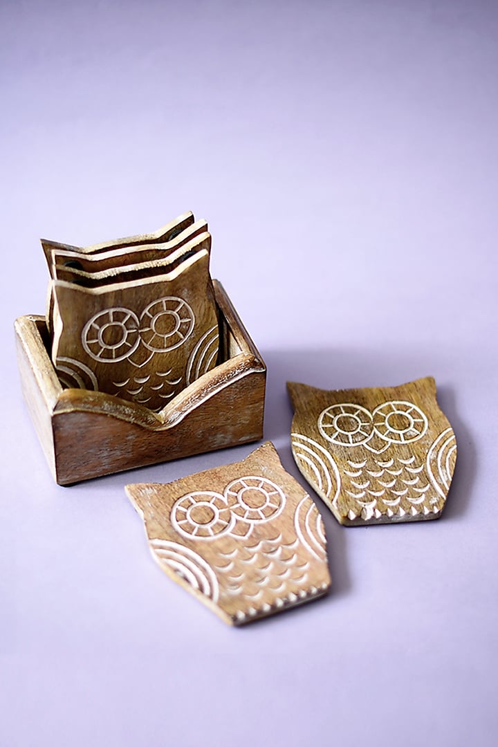 Brown Mango Wood Owl Coasters (Set of 7) by The Blooming Bagh at Pernia's Pop Up Shop