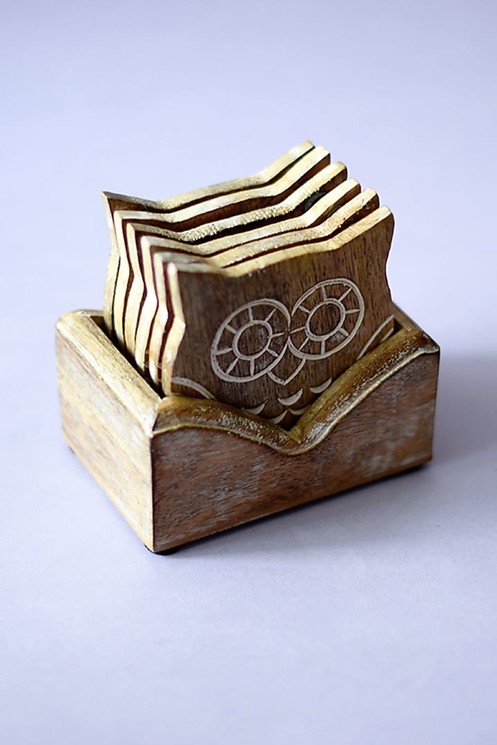 Brown Mango Wood Owl Coasters (Set of 7) by The Blooming Bagh at Pernia's Pop Up Shop
