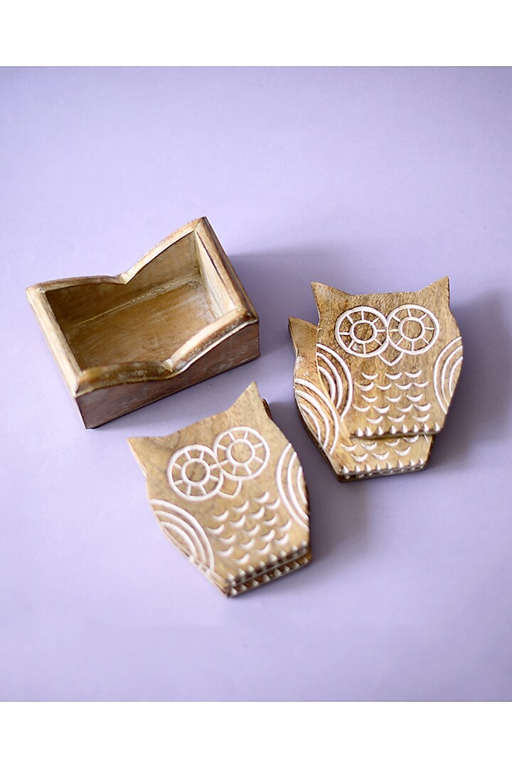 Brown Mango Wood Owl Coasters (Set of 7) by The Blooming Bagh at Pernia's Pop Up Shop