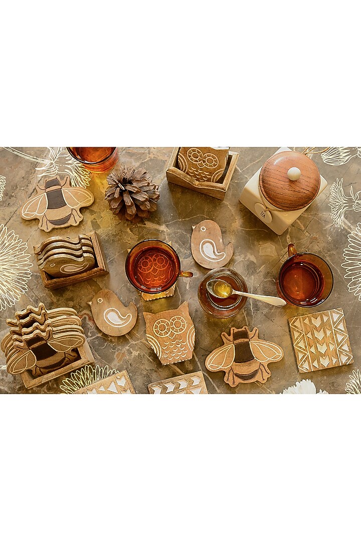Brown Mango Wood Owl Coasters (Set of 7) by The Blooming Bagh at Pernia's Pop Up Shop