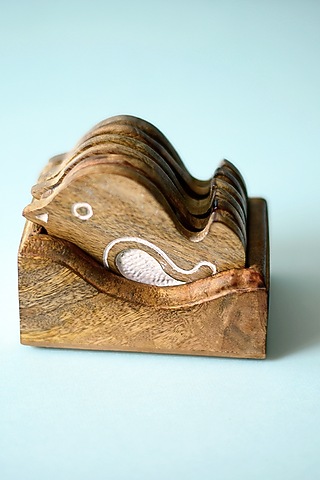Brown Mango Wood Bird Coasters (Set of 7) by The Blooming Bagh