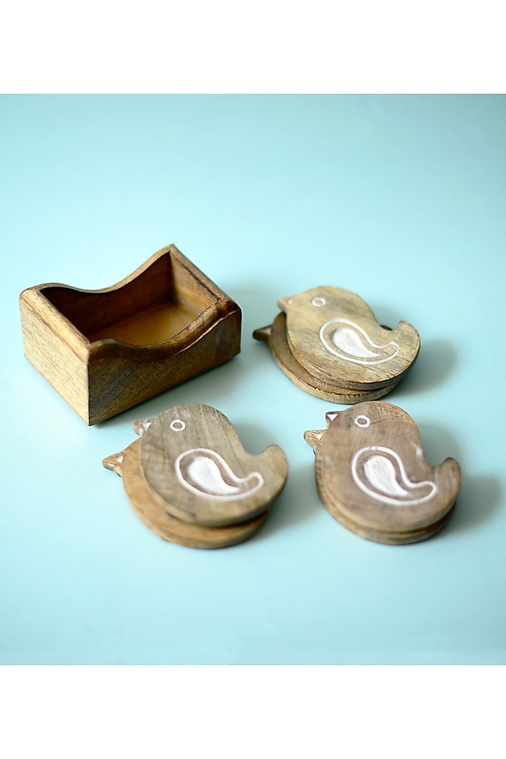 Brown Mango Wood Bird Coasters (Set of 7) by The Blooming Bagh at Pernia's Pop Up Shop