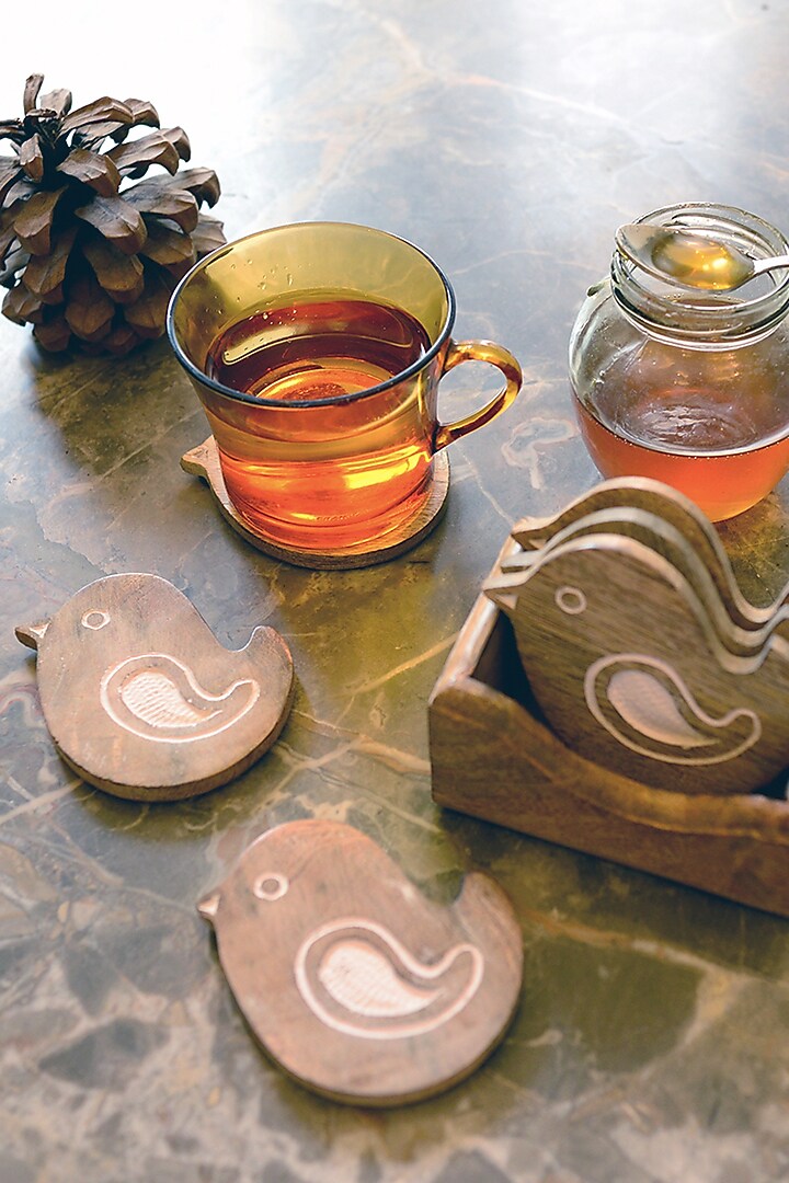 Brown Mango Wood Bird Coasters (Set of 7) by The Blooming Bagh at Pernia's Pop Up Shop