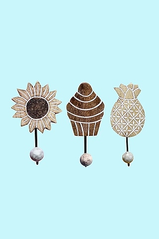 Brown Mango Wood Wall Hooks (Set of 3) by The Blooming Bagh