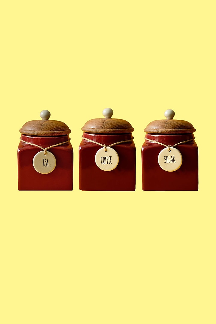 Red Ceramic Jars (Set of 3) by The Blooming Bagh at Pernia's Pop Up Shop