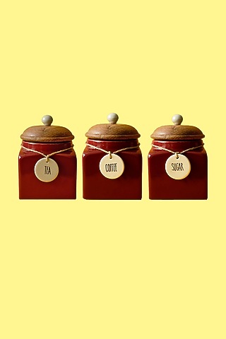Red Ceramic Jars (Set of 3) by The Blooming Bagh