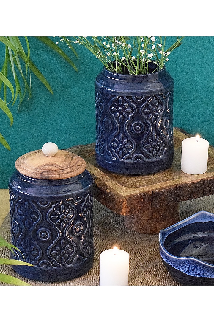 Blue Ceramic Jars (Set of 3) by The Blooming Bagh at Pernia's Pop Up Shop