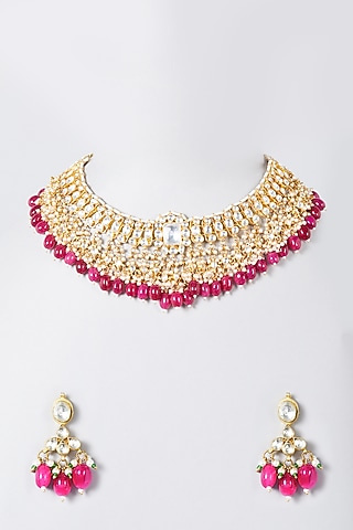 Gold Finish Red Beaded Choker Necklace Set by The Boozy Button Jewellery