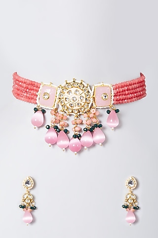 Gold Finish Pink Beaded Choker Necklace Set by The Boozy Button Jewellery