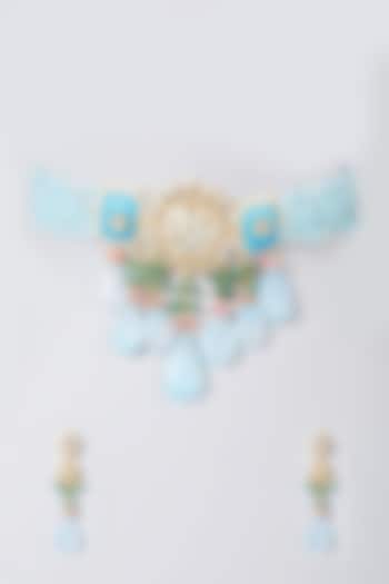Gold Finish Powder Blue Beaded Choker Neckace Set by The Boozy Button Jewellery