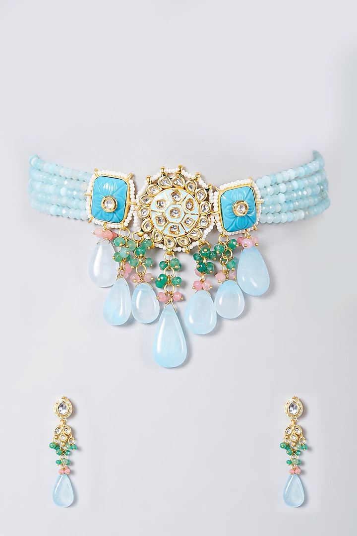 Gold Finish Powder Blue Beaded Choker Neckace Set by The Boozy Button Jewellery at Pernia's Pop Up Shop