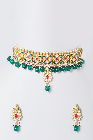 Gold Finish Green Beaded Choker Necklace Set by The Boozy Button Jewellery